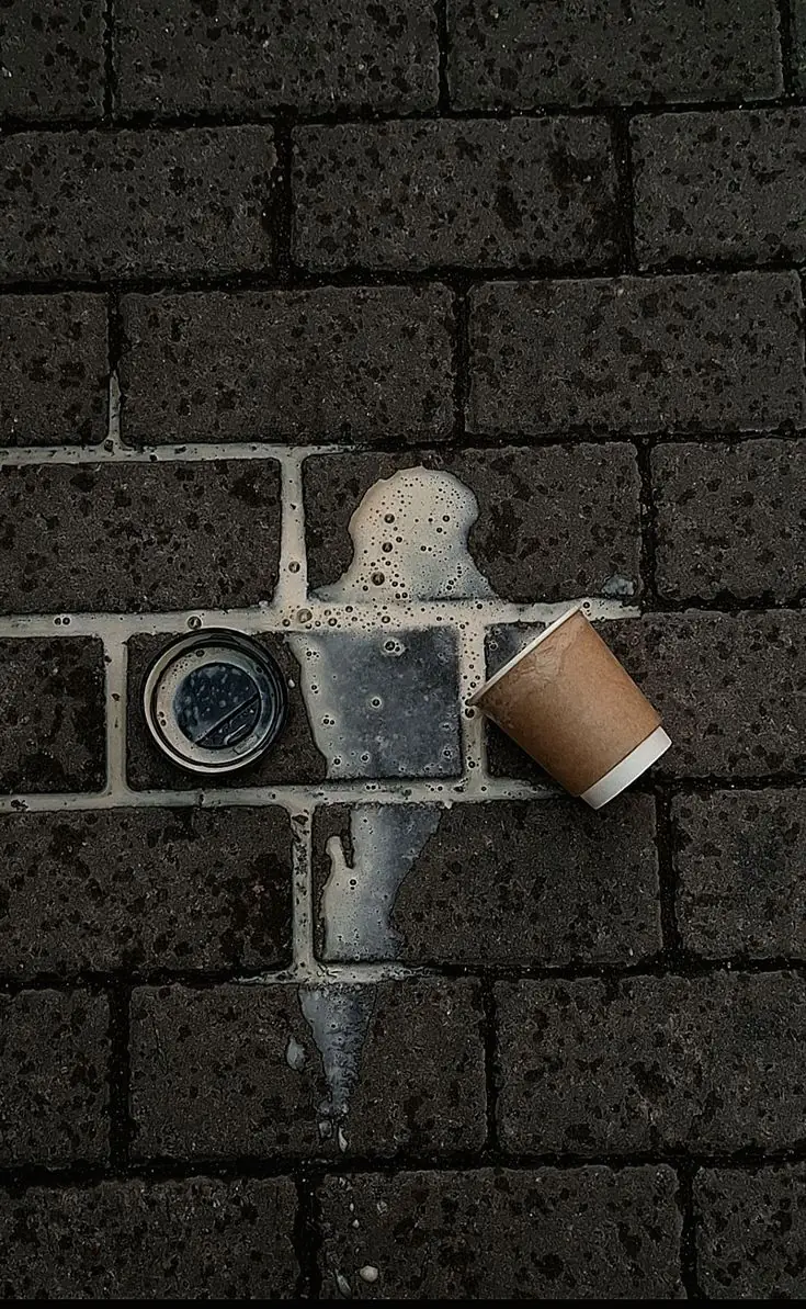 A takeaway cup dropped and spilling on wet paving