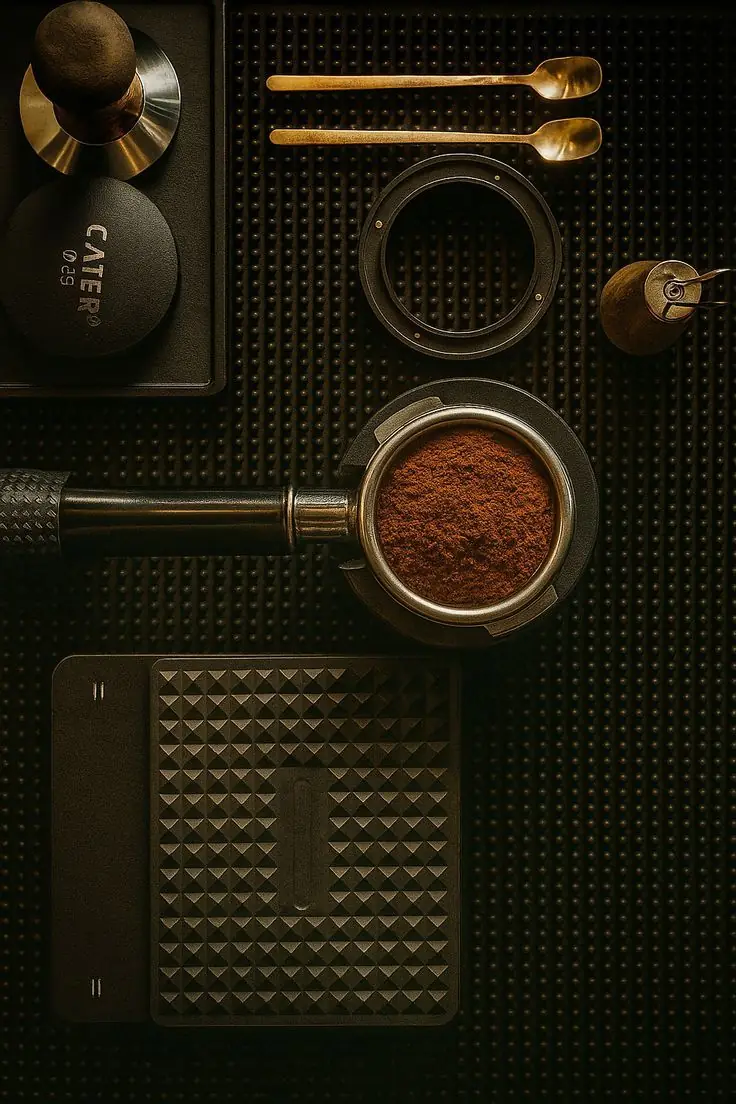 A portafilter dosed with fresh grounds beside a tamper