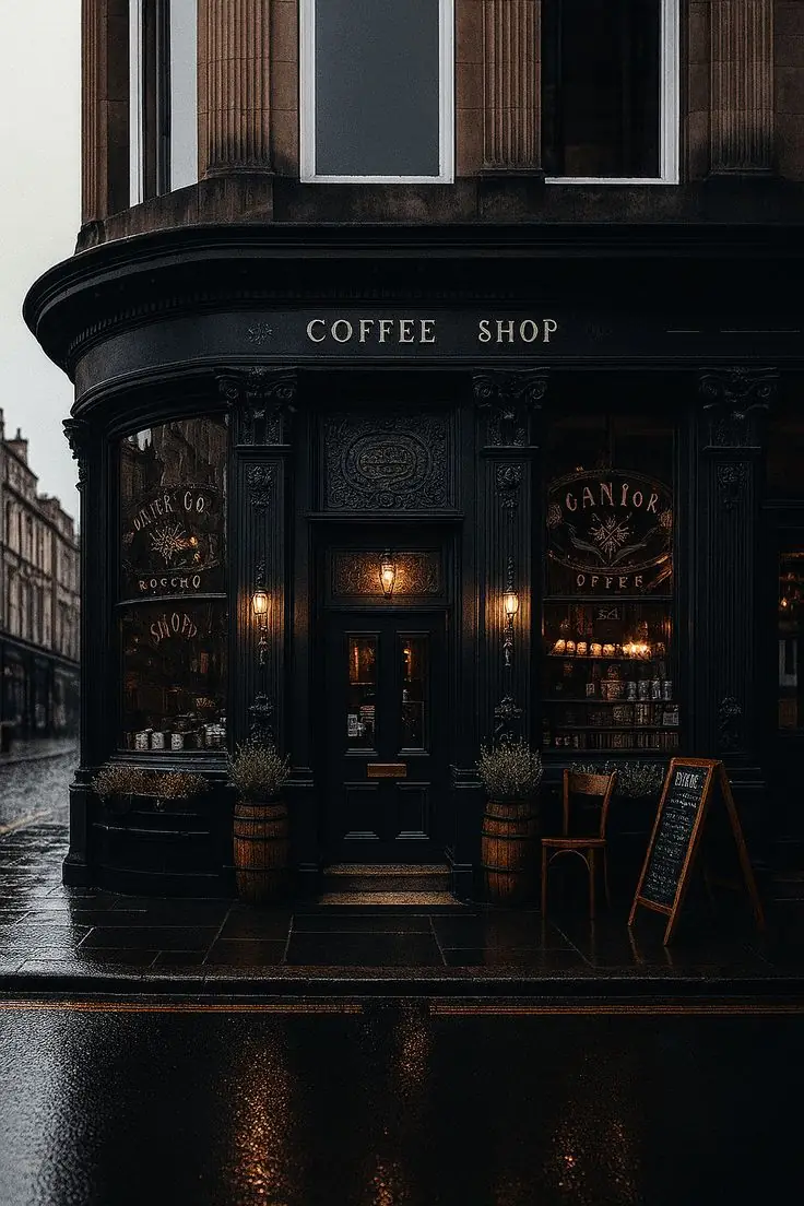 A dark café storefront on a rain-slicked street