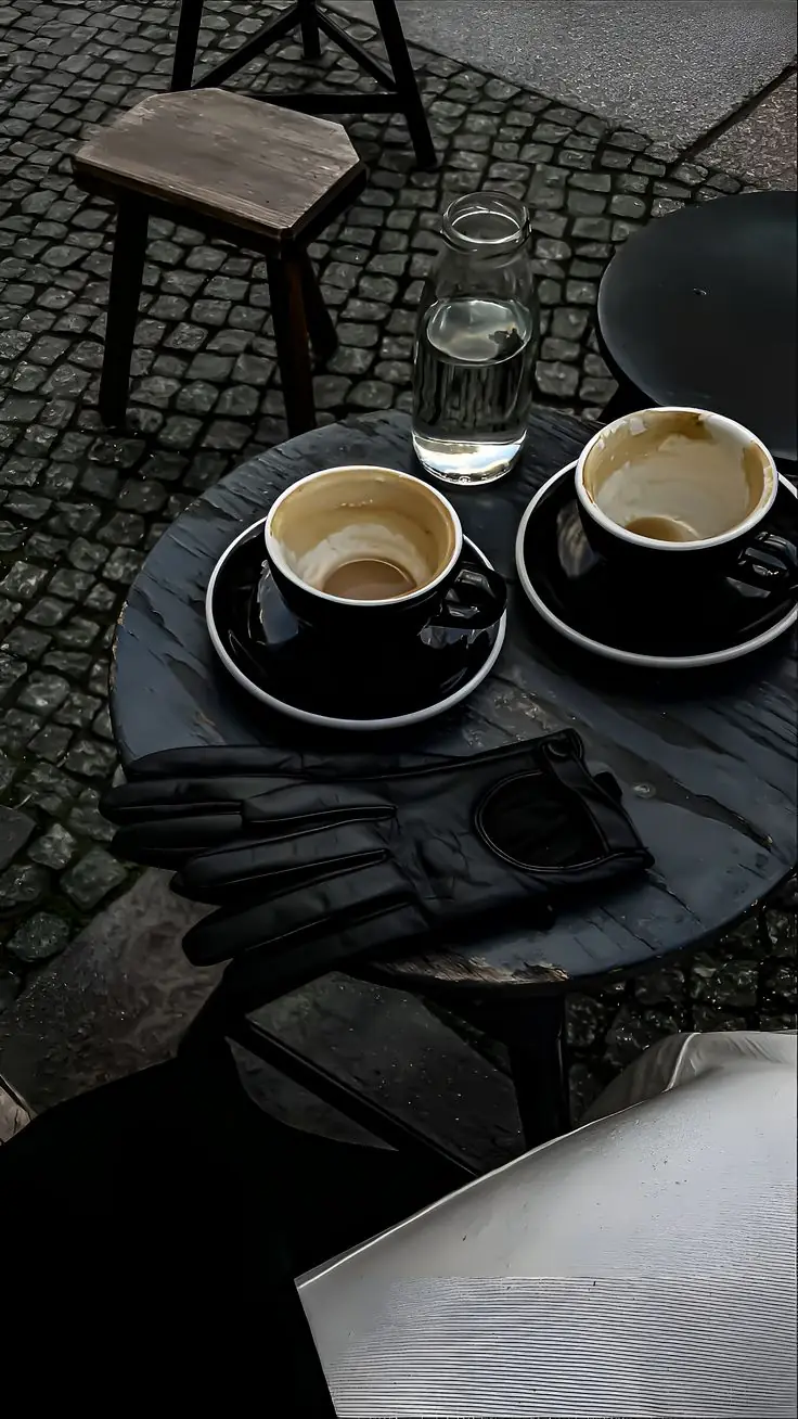 Two cups and a water carafe on an outdoor café table