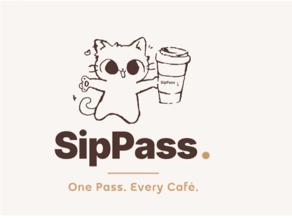 The SipPass cat mascot beside a coffee cup